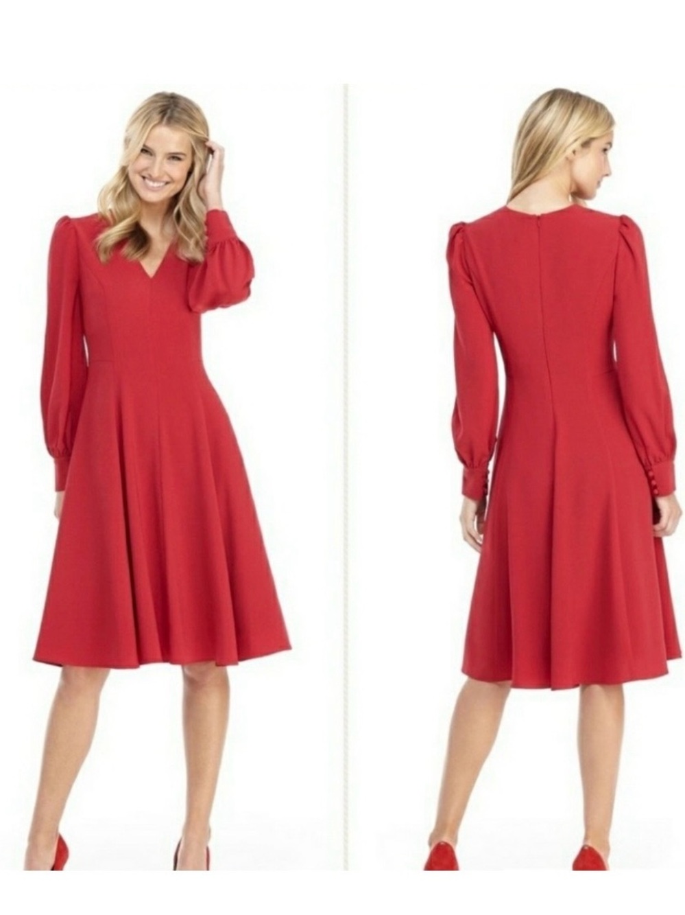 Gal Meets Glam Layla V Neck Blouson Sleeve Fit & Flare Midi Dress